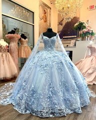 Elegant Ball Gown Off Shoulder 3D Butterfly Lace Appliqued Sky Blue Tulle Quinceanera Dress Princess Cocktail Party Gown Sweet 16