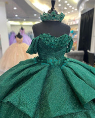 Elegant Ball Gown Off Shoulder 3D Flower Appliques Dark Green Tulle Birthday Party Gown Quinceanera Dress For Sweet 16 Dress