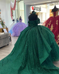 Elegant Ball Gown Off Shoulder 3D Flower Appliques Dark Green Tulle Birthday Party Gown Quinceanera Dress For Sweet 16 Dress