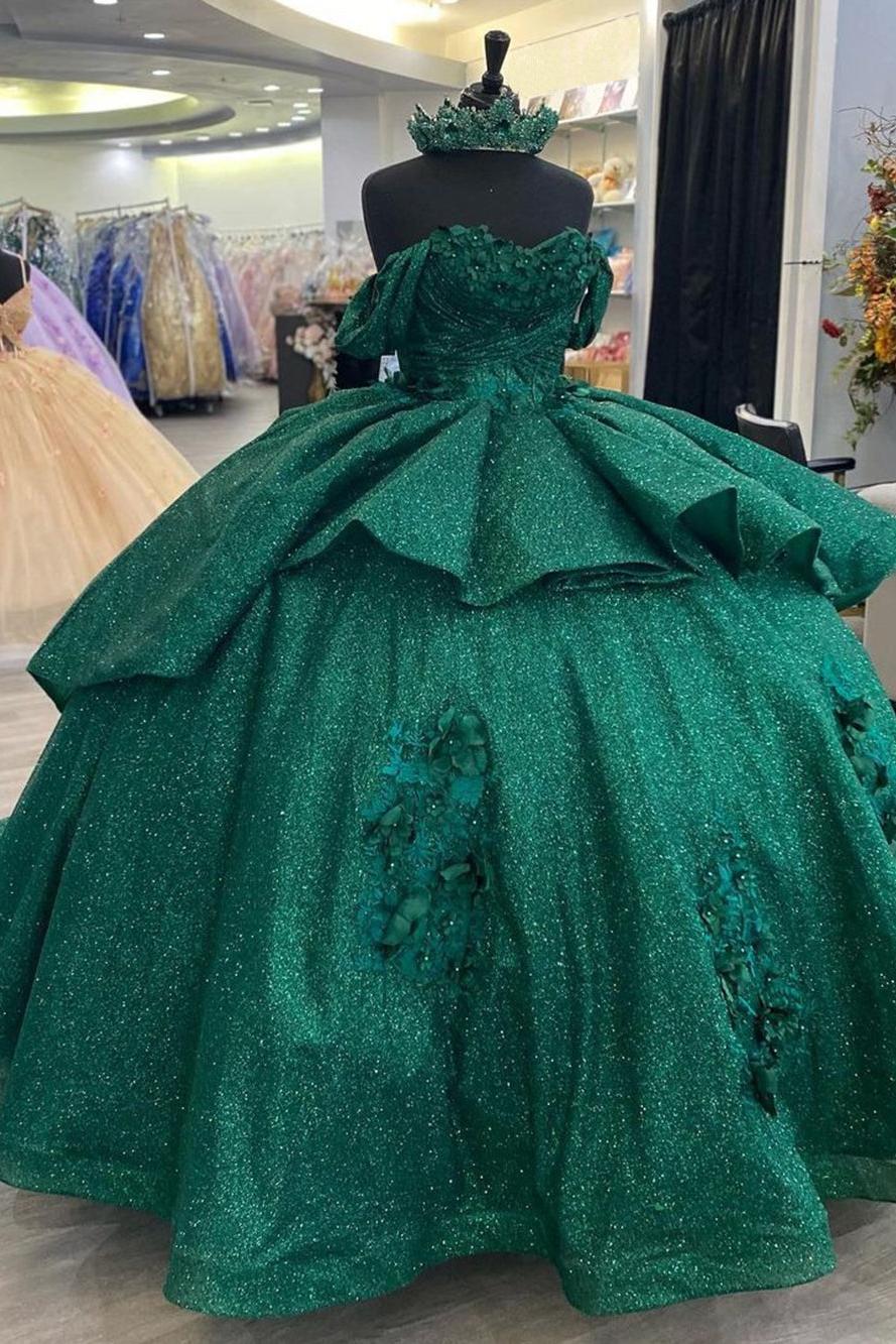 Elegant Ball Gown Off Shoulder 3D Flower Appliques Dark Green Tulle Birthday Party Gown Quinceanera Dress For Sweet 16 Dress