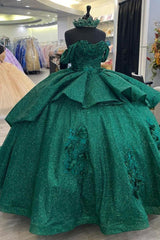Elegant Ball Gown Off Shoulder 3D Flower Appliques Dark Green Tulle Birthday Party Gown Quinceanera Dress For Sweet 16 Dress