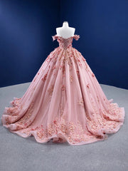 Elegant Ball Gown Off Shoulder 3D Flowers Lace Appliques Pink Tulle Quinceanera Dress For Sweet 16 Dress