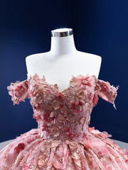 Elegant Ball Gown Off Shoulder 3D Flowers Lace Appliques Pink Tulle Quinceanera Dress For Sweet 16 Dress