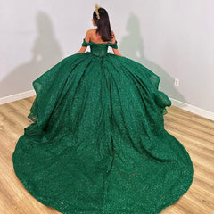 Elegant Ball Gown Off Shoulder Appliques Green Sparkly Tulle Princess Quinceanera Dress For Sweet 16