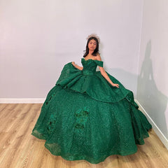 Elegant Ball Gown Off Shoulder Appliques Green Sparkly Tulle Princess Quinceanera Dress For Sweet 16