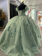 Elegant Ball Gown Off Shoulder Beaded 3D Flower Appliques Mint Green Tulle Quinceanera Dress For Sweet 16