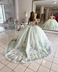 Elegant Ball Gown Off Shoulder Corset 3D Flowers Lace Appliques Mint Green Tulle Princess Dress Quinceanera Dress For Sweet 16