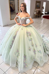 Elegant Ball Gown Off Shoulder Corset 3D Flowers Lace Appliques Mint Green Tulle Princess Dress Quinceanera Dress For Sweet 16