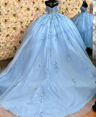 Elegant Ball Gown Off Shoulder Flowers Appliques Beaded Sky Blue Tulle Quinceanera Dress For Sweet 16