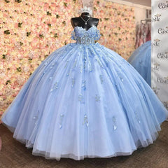 Elegant Ball Gown Off Shoulder Flowers Appliques Beaded Sky Blue Tulle Quinceanera Dress For Sweet 16