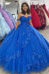 Elegant Ball Gown Off Shoulder Flowers Lace Appliques Beaded Royal Blue Tulle Quinceanera Dress For Sweet 16