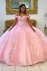 Elegant Ball Gown Off Shoulder Lace Appliques Beaded Pink Tulle Quinceanera Dress For Sweet 16