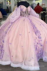 Elegant Ball Gown Off Shoulder Long Lantern Sleeves 3D Butterfly Appliques Beaded Pink Tulle Princess Gown Quinceanera Dress For Sweet 16