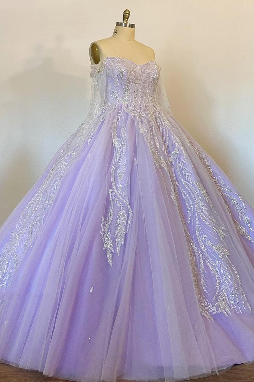 Elegant Ball Gown Off Shoulder Long Sleeves Lace Appliques Lavender Tulle Princess Gown Quinceanera Dress For Sweet 16 Evening Dress