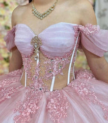 Elegant Ball Gown Off Shoulder Long Sleeves Lace Appliques Sweep Train Pink Tulle Quinceanera Dress For Sweet 16