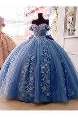 Elegant Ball Gown Off Shoulder Sleeveles 3D Flower Lace Appliques Beaded Blue Tulle Quinceanera Dress For Sweet 16