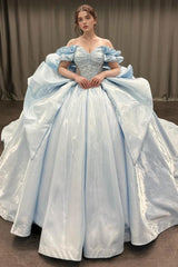 Elegant Ball Gown Off Shoulder Sleeveless Beaded Sequins Appliques Pleated Big Bow Knot Baby Blue Satin Quinceanera Dress Birthday Party Dress For Sweet 16