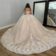 Elegant Ball Gown Off Shoulder Sleeveless Lace Appliques Sweep Train Tulle Quinceanera Dress For Sweet 16