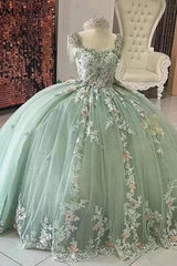Elegant Ball Gown Strapless 3D Flowers Appliques Sweep Train Mint Green Tulle Princess Gown Quinceanera Dress For Sweet 16
