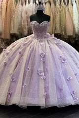 Elegant Ball Gown Strapless Beaded 3D Flower Lace Appliques Bow Knot Sweep Train Lilac Tulle Quinceanera Dresses For Sweet 16