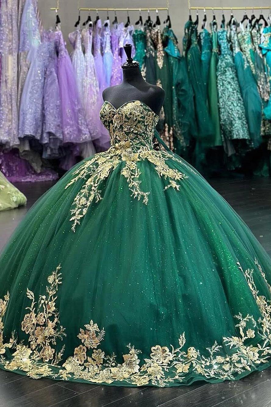 Elegant Ball Gown Strapless Sleeveless 3D Flower Appliques Emerald Green Tulle Quinceanera Dress For Sweet 16