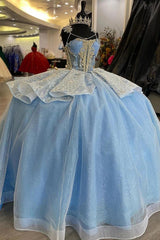 Elegant Ball Gown Strapless Sleeveless Flower Lace Appliques Beaded Sky Blue Tulle Princess Gown Quinceanera Dress For Sweet 16