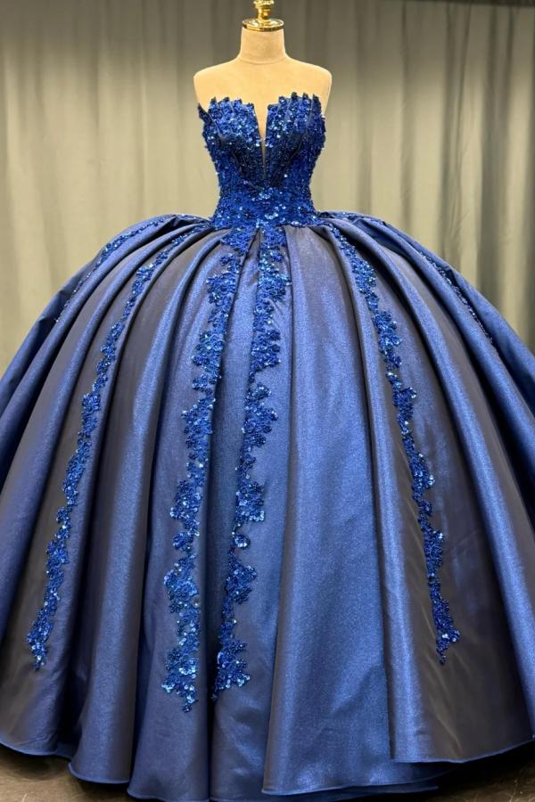 Elegant Ball Gown Strapless Sleeveless Sequins Appliques Pleated Glitter Dark Navy Satin Quinceanera Dress Formal Evening Dress For Sweet 16