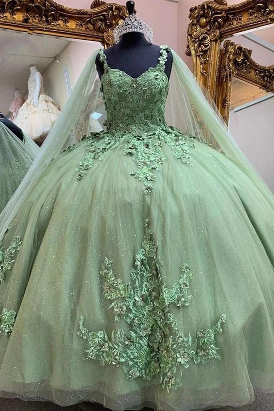 Elegant Ball Gown Strapless Straps Lace Appliques Sage Green Tulle Quinceanera Dress For Sweet 16