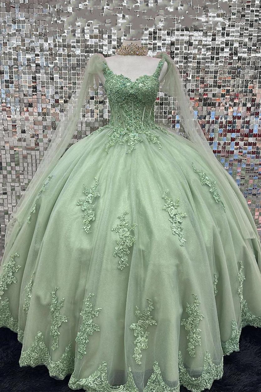 Elegant Ball Gown Strapless Straps Sleeveless Appliques Green Tulle Quinceanera Dresses For Sweet 16
