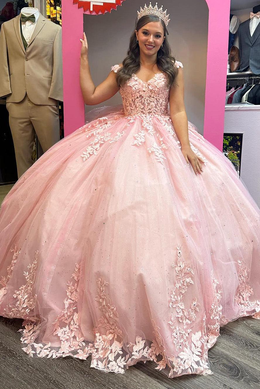 Elegant Ball Gown Sweetheart Neck Lace Appliques Pink Tulle Princess Formal Party Gown Quinceanera Dress For Sweet 16 Dress