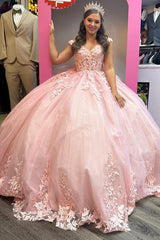 Elegant Ball Gown Sweetheart Neck Lace Appliques Pink Tulle Princess Formal Party Gown Quinceanera Dress For Sweet 16 Dress