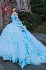 Elegant Ball Gown Sweetheart Neck Lace Appliques Tiered Princess Light Blue Tulle Quinceanera Dress For Sweet 16