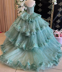 Elegant Ball Gown Sweetheart Neck Off Shoulder Lace Appliques Tiered Green Tulle Princess Gown Quinceanera Dress Beaded Tulle For Sweet 16