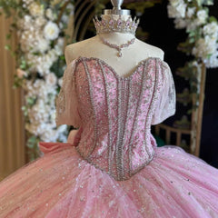 Elegant Ball Gown Sweetheart Neck Off Shoulder Spaghetti Straps Lace Appliques Pink Tulle Princess Prom Party Gown Quinceanera Dresses For Sweet 16
