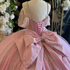 Elegant Ball Gown Sweetheart Neck Off Shoulder Spaghetti Straps Lace Appliques Pink Tulle Princess Prom Party Gown Quinceanera Dresses For Sweet 16