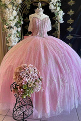 Elegant Ball Gown Sweetheart Neck Off Shoulder Spaghetti Straps Lace Appliques Pink Tulle Princess Prom Party Gown Quinceanera Dresses For Sweet 16