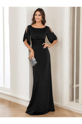 Elegant Black Floor-Length Mother of the Bride Dress with Round Neck and Half Sleeves
