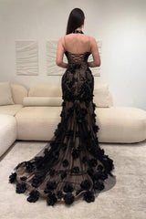 Black Illusion Floral Halter Mermaid Prom Dress With 3D Appliques Formal Evening Gown