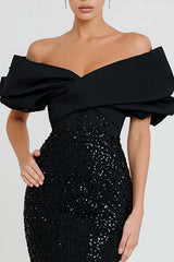 Dressystars Elegant Black Mermaid Off The Shoulder Long Sequin Prom Dress