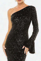 Dressystars Elegant Black One Shoulder Mermaid Long Sequins Prom Dress With Sleeves