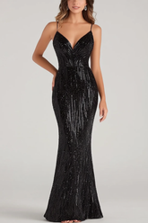 Elegant Black Wedding Guest Dress Mermaid Spaghetti Straps Formal Dress