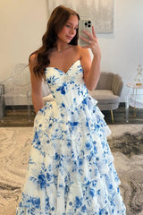 Blue Floral Sweetheart Tiered Prom Dress With Corset Bodice Formal Evening Gown