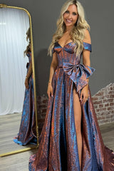 Dressystars Elegant Blue Off The Shoulder Metallic A-Line Long Corset Prom Dress With Bow