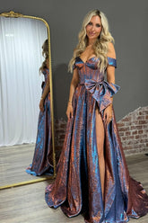 Dressystars Elegant Blue Off The Shoulder Metallic A-Line Long Corset Prom Dress With Bow