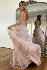 Elegant Blush Pink Sweethear Lace Up Tiered Tulle Prom Dress With Sparkle Formal Evening Gown