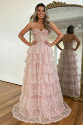 Elegant Blush Pink Sweethear Lace Up Tiered Tulle Prom Dress With Sparkle Formal Evening Gown