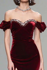 Dressystars Elegant Burgundy Mermaid Long Velvet Holiday Party Dress With Beading