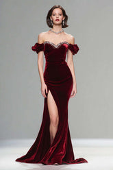 Dressystars Elegant Burgundy Mermaid Long Velvet Holiday Party Dress With Beading