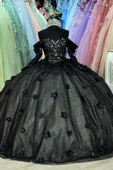 Elegant & Chic Ball Gown Off Shoulder Sweetheart Neck Long Sleeves Flowers Appliques Black Tulle Princess Quinceanera Dresses Evening Party Gown For Sweet 16