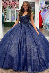 Elegant & Classic Ball Gown Sweetheart Neck Sleeveless Navy Blue Tulle Quinceanera Dress Princess Prom Party Gown For Sweet 16